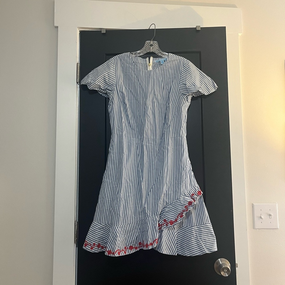 Draper James Blue and White Striped Mini Dress with Red Embroidered Hem